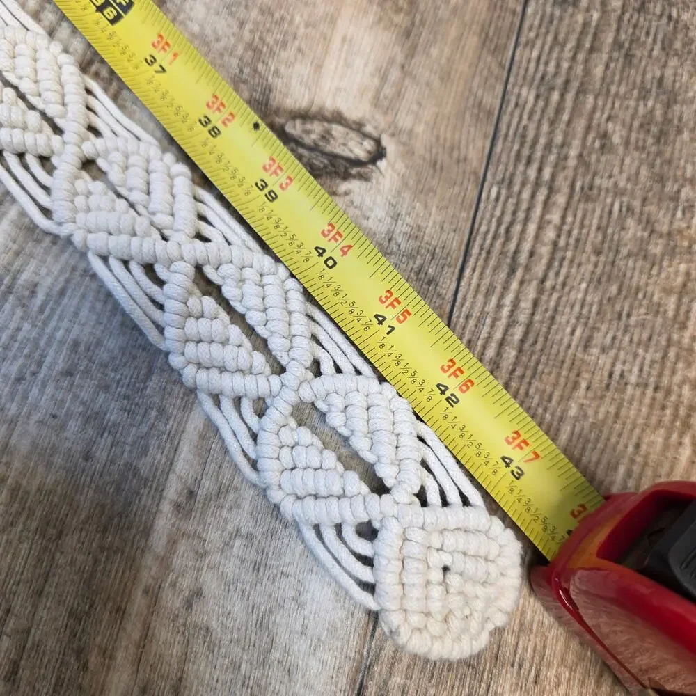 Vintage Cream Woven Fabric Belt Boho Coastal Cowgirl Crochet Wooden Buckle
